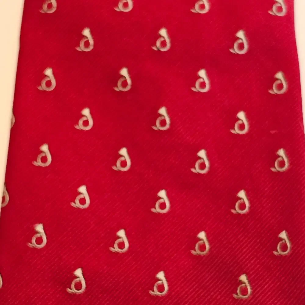 Mens Red Silk Necktie White French Horn Micro Pattern Classic Tie 58” 3.75”